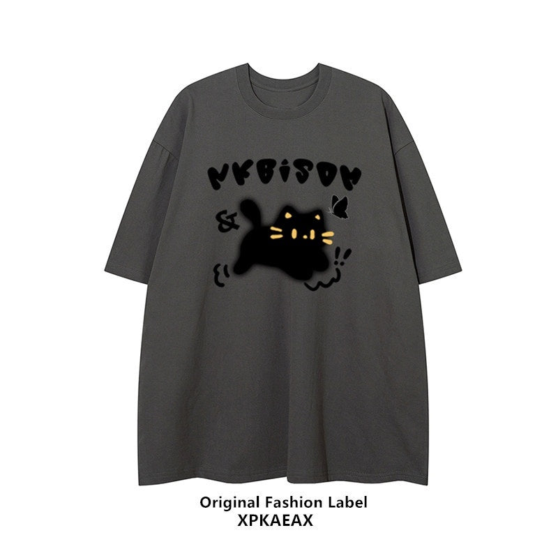 XPKAEAX Graffiti Cat Print Loose Fit Drop Shoulder Women's Short Sleeve T-shirts 713820151529