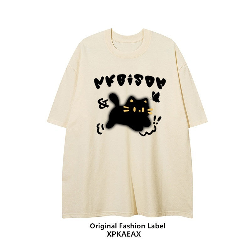 XPKAEAX Graffiti Cat Print Loose Fit Drop Shoulder Women's Short Sleeve T-shirts 713820151529