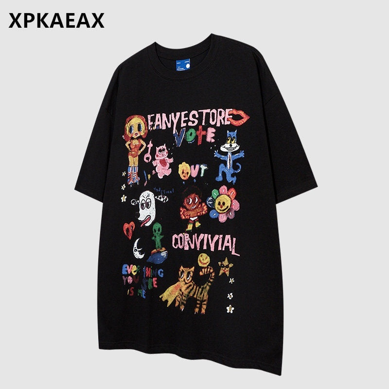 XPKAEAX High Street Animal Print Drop Shoulder Women's Loose Elbow Short Sleeve T-shirts 769352894319