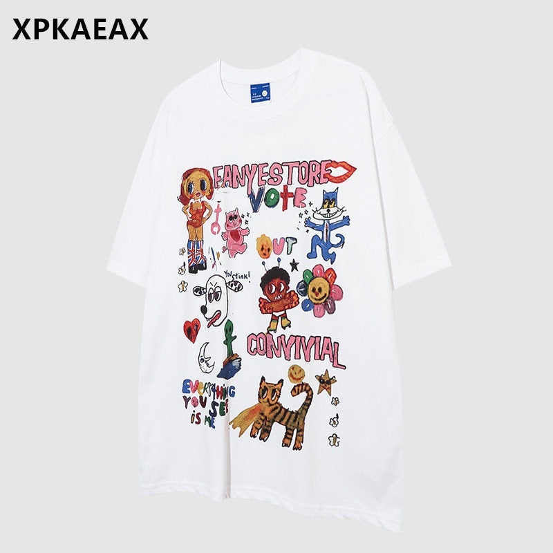 XPKAEAX High Street Animal Print Drop Shoulder Women's Loose Elbow Short Sleeve T-shirts 769352894319