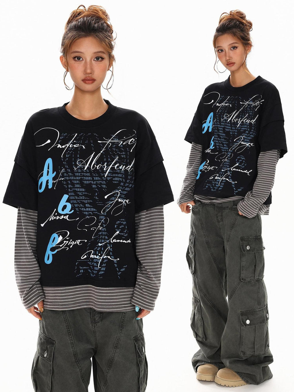 XPKAEAX High Street Faux Two Piece Letter Print Oversized Women's Sweatshirts