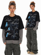 XPKAEAX High Street Faux Two Piece Letter Print Oversized Women's Sweatshirts