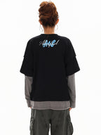 XPKAEAX High Street Faux Two Piece Letter Print Oversized Women's Sweatshirts