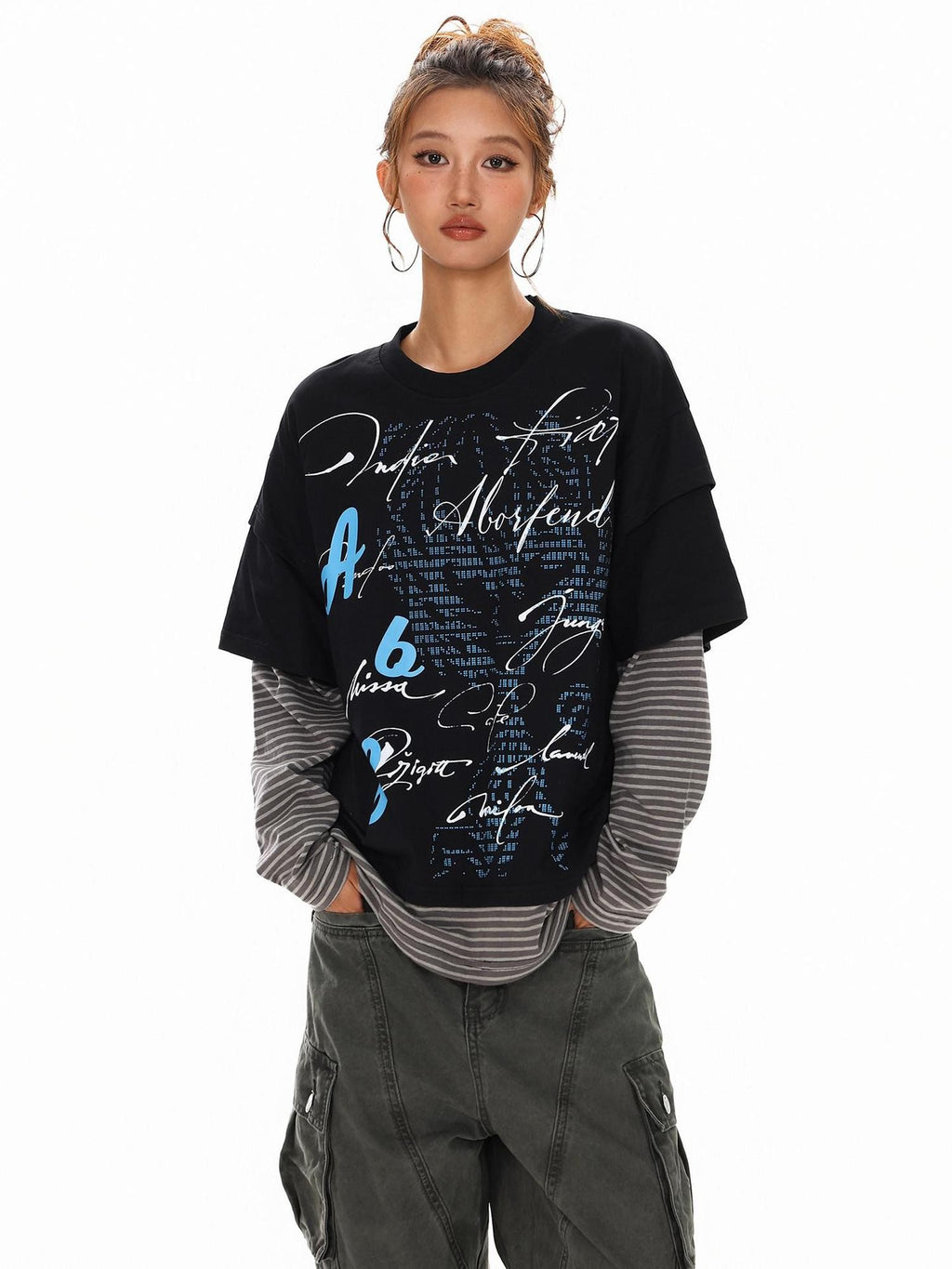 XPKAEAX High Street Faux Two Piece Letter Print Oversized Women's Sweatshirts