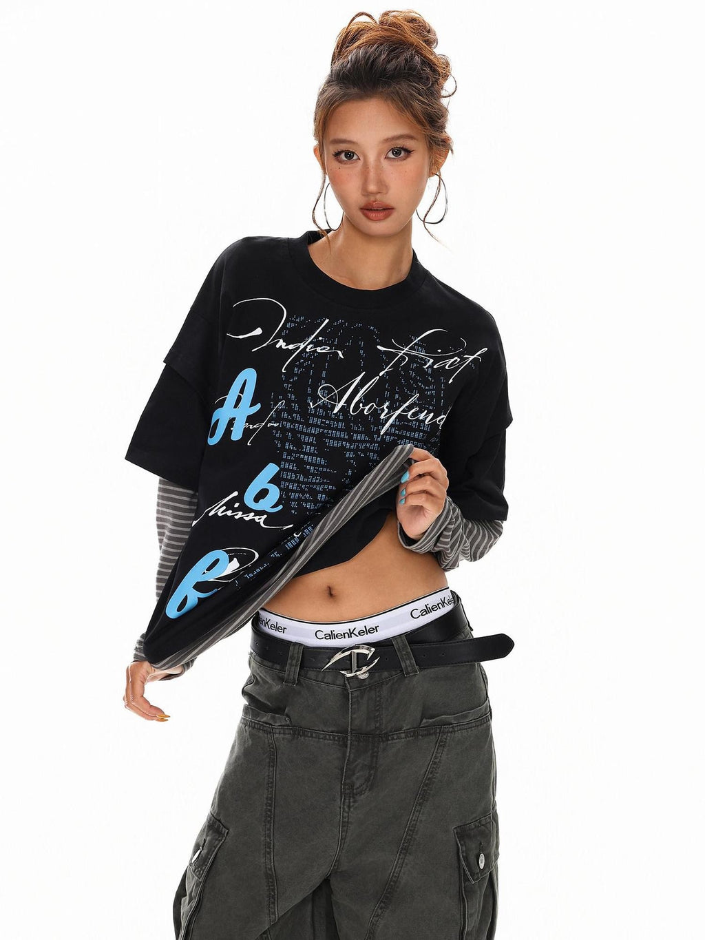 XPKAEAX High Street Faux Two Piece Letter Print Oversized Women's Sweatshirts