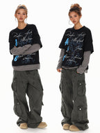 XPKAEAX High Street Faux Two Piece Letter Print Oversized Women's Sweatshirts