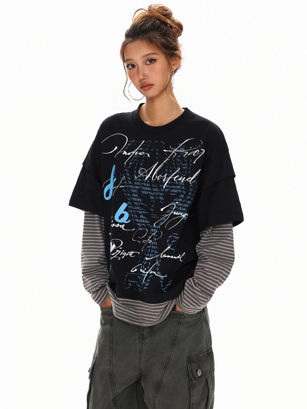 XPKAEAX High Street Faux Two Piece Letter Print Oversized Women's Sweatshirts