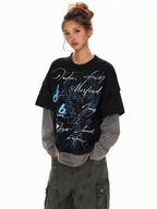 XPKAEAX High Street Faux Two Piece Letter Print Oversized Women's Sweatshirts