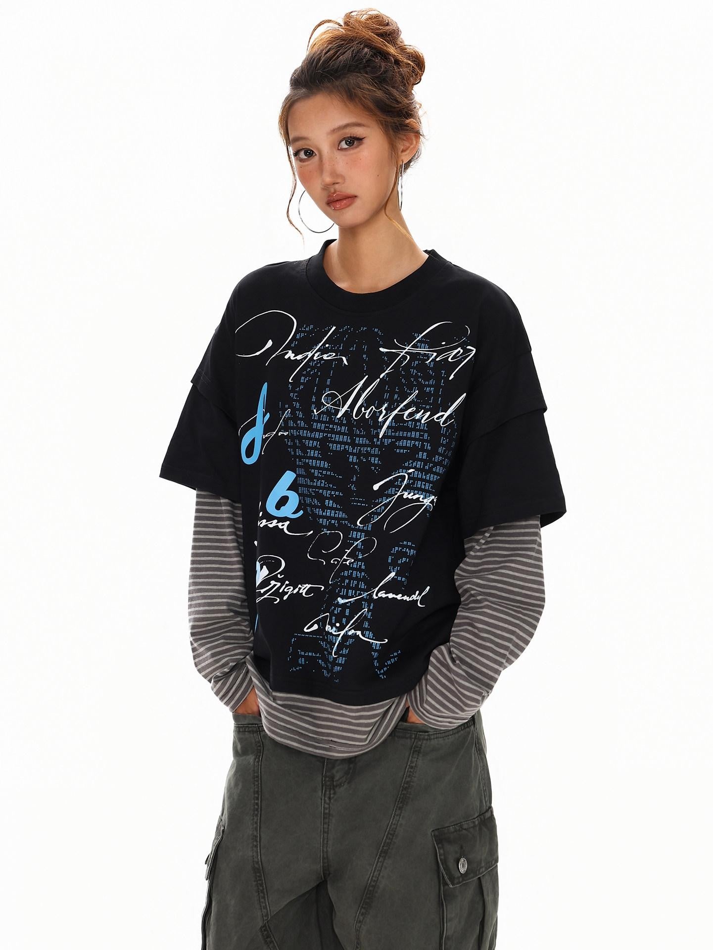 XPKAEAX High Street Faux Two Piece Letter Print Oversized Women's Sweatshirts