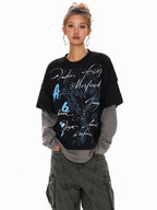 XPKAEAX High Street Faux Two Piece Letter Print Oversized Women's Sweatshirts