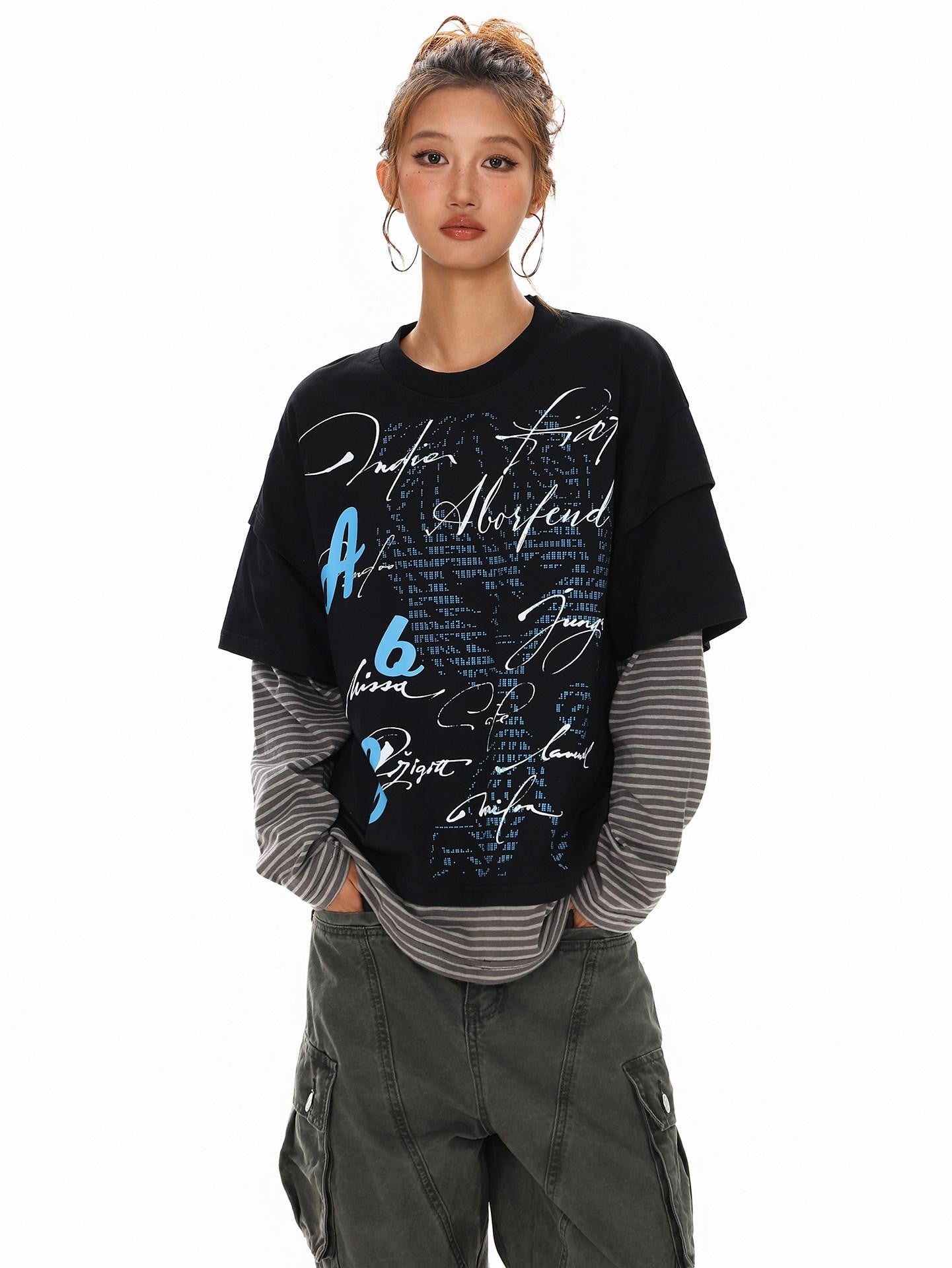 XPKAEAX High Street Faux Two Piece Letter Print Oversized Women's Sweatshirts