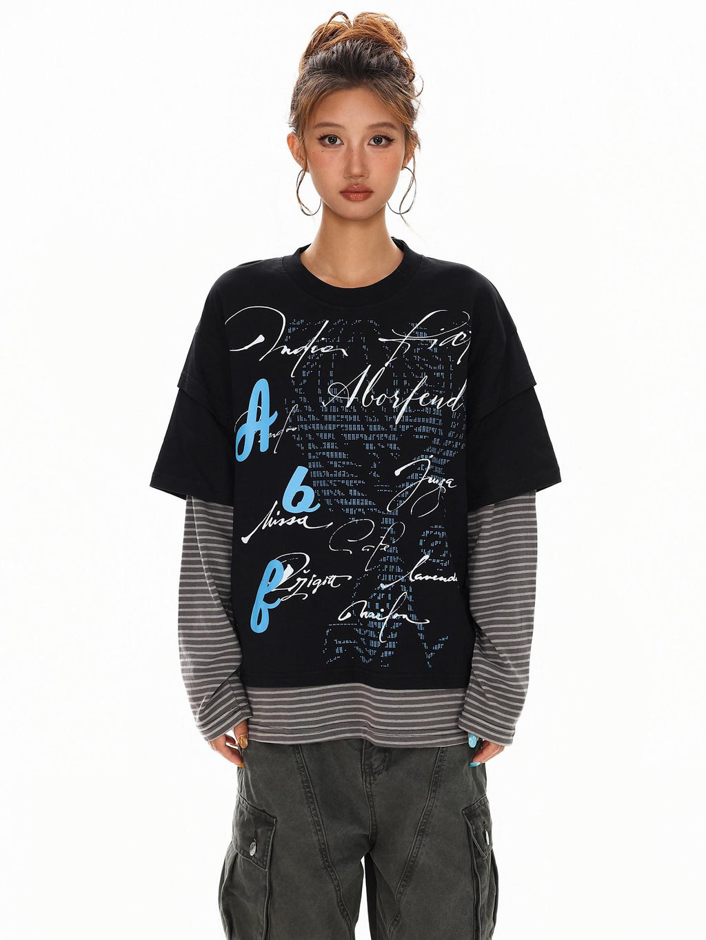 XPKAEAX High Street Faux Two Piece Letter Print Oversized Women's Sweatshirts