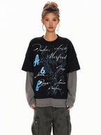 XPKAEAX High Street Faux Two Piece Letter Print Oversized Women's Sweatshirts