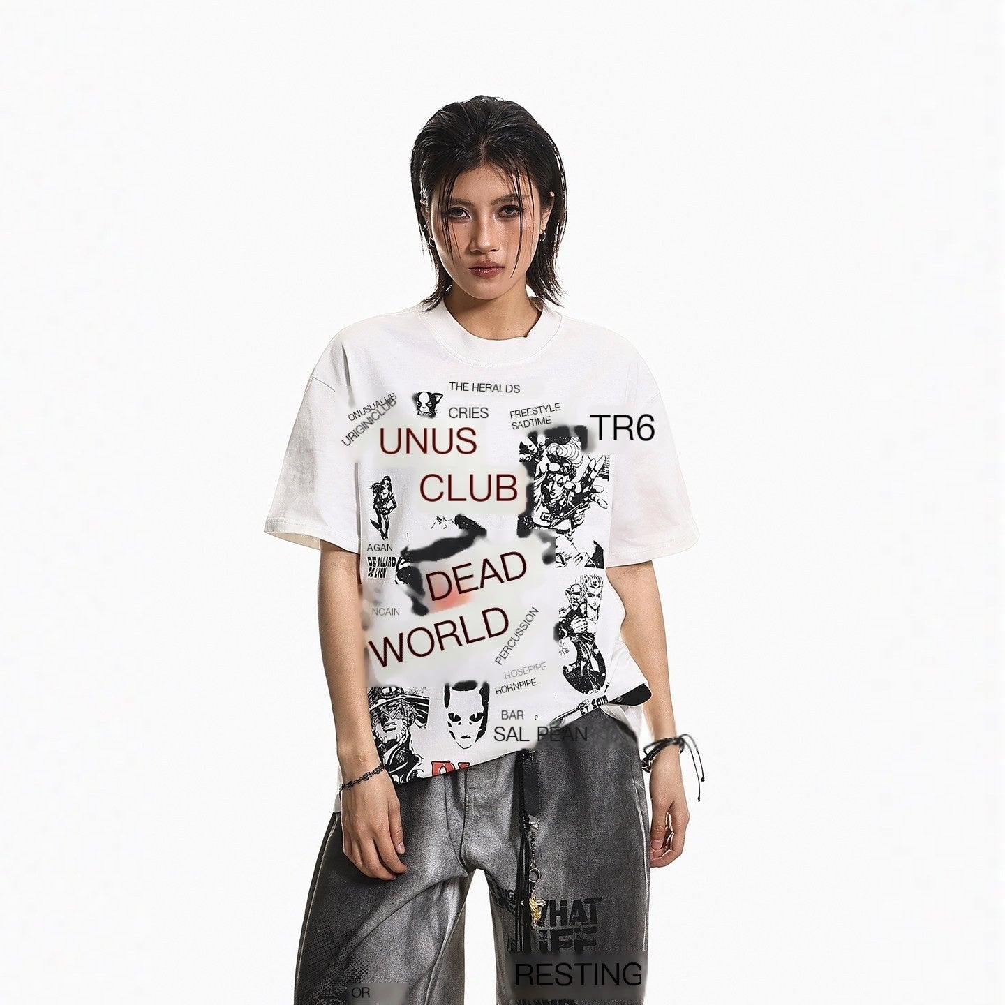 XPKAEAX High Street Retro Graffiti Letter Print Women's Short Sleeve T-shirts 1029895978630