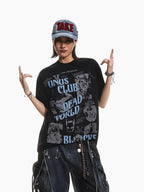 XPKAEAX High Street Retro Graffiti Letter Print Women's Short Sleeve T-shirts