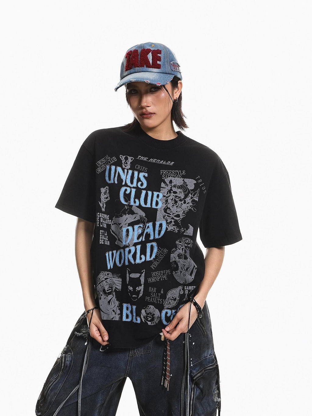 XPKAEAX High Street Retro Graffiti Letter Print Women's Short Sleeve T-shirts