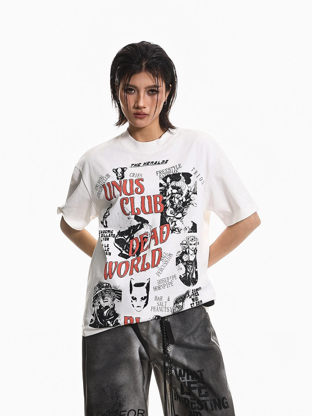 XPKAEAX High Street Retro Graffiti Letter Print Women's Short Sleeve T-shirts