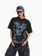 XPKAEAX High Street Retro Graffiti Letter Print Women's Short Sleeve T-shirts