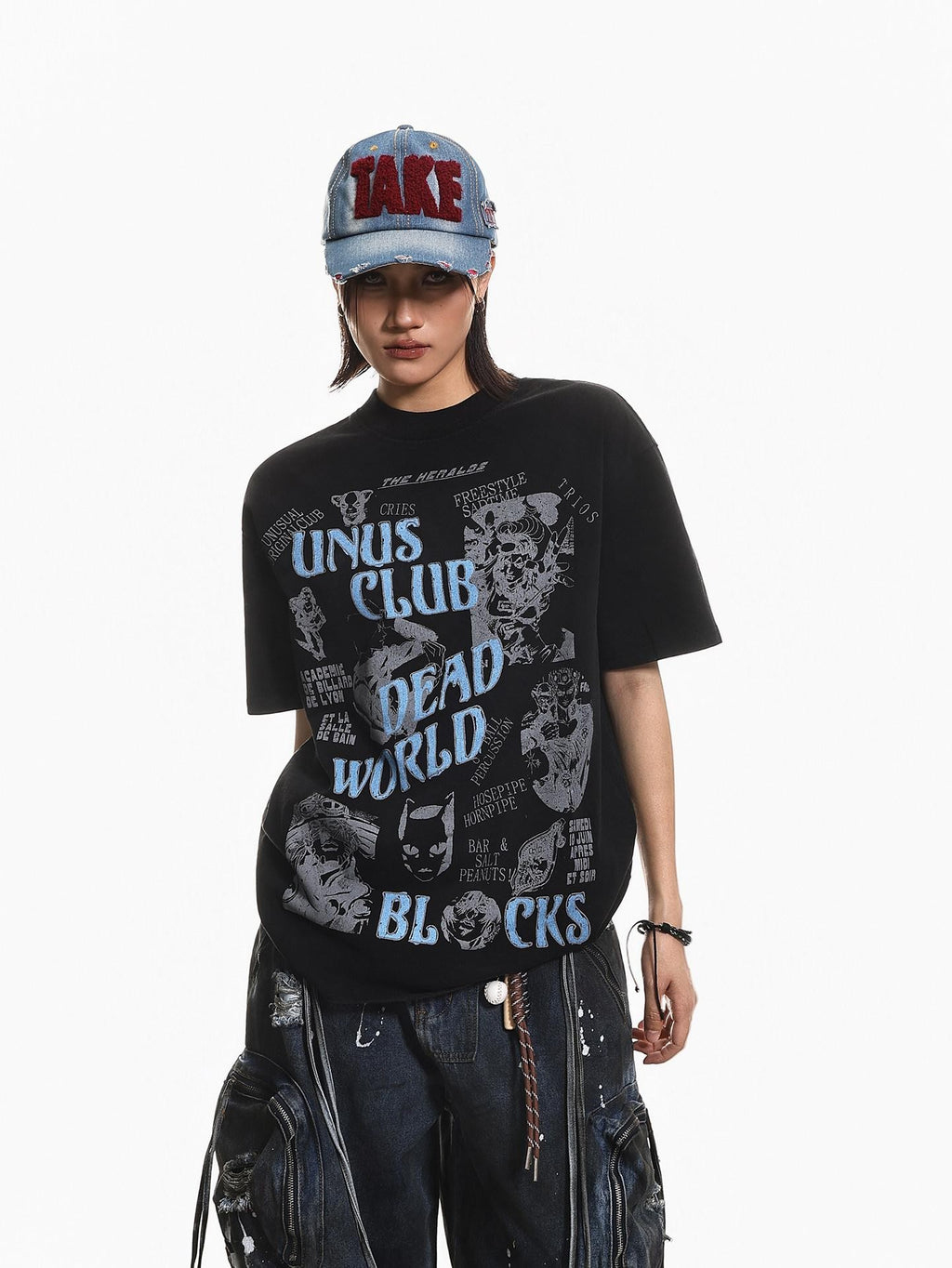 XPKAEAX High Street Retro Graffiti Letter Print Women's Short Sleeve T-shirts