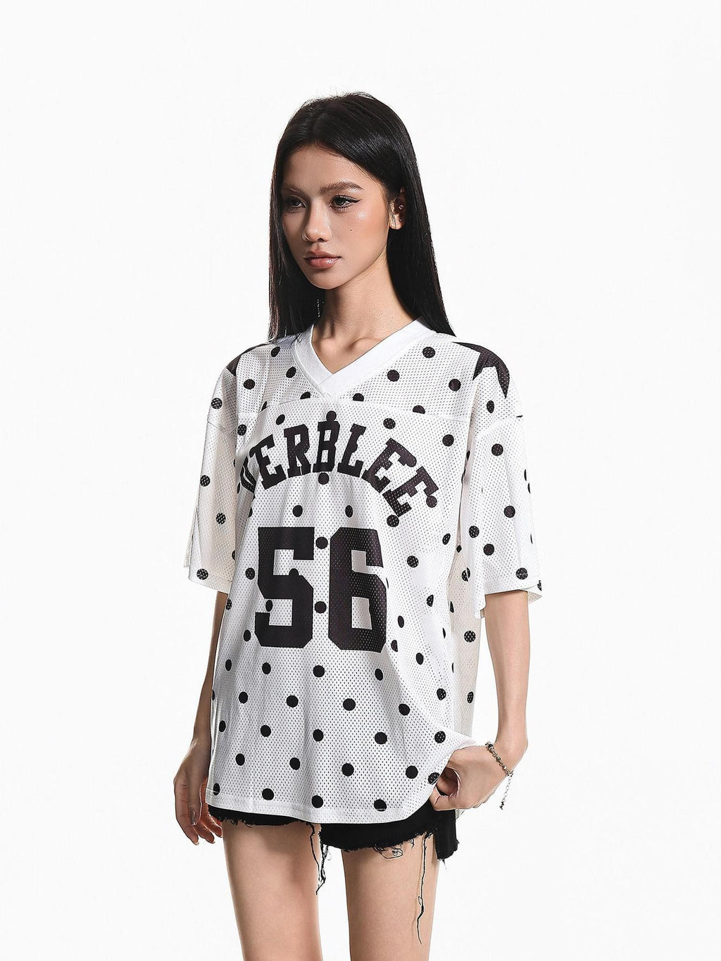 XPKAEAX Jersey Polka Dot Mesh V-neck Printed Loose Women's Short Sleeve T-shirts