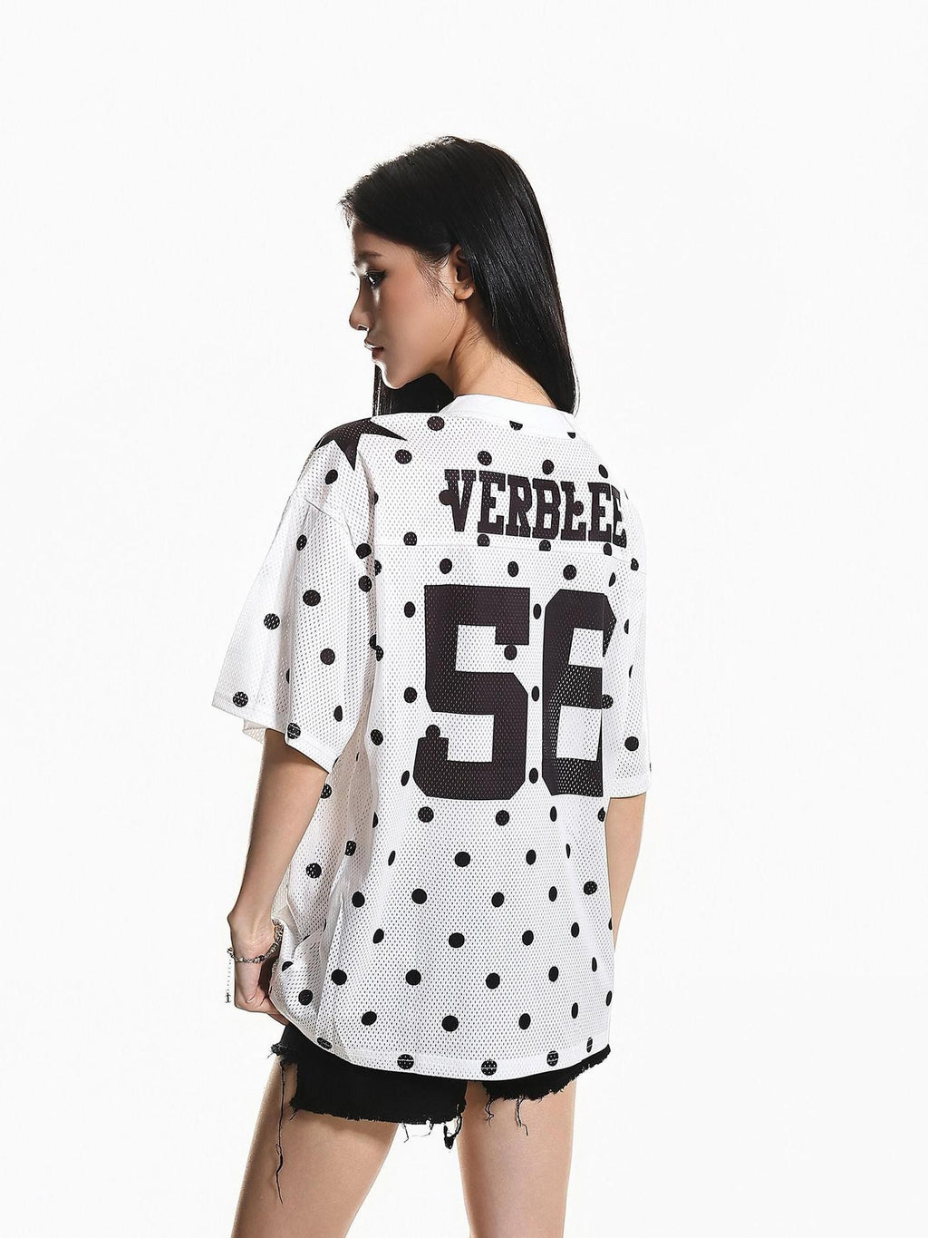 XPKAEAX Jersey Polka Dot Mesh V-neck Printed Loose Women's Short Sleeve T-shirts