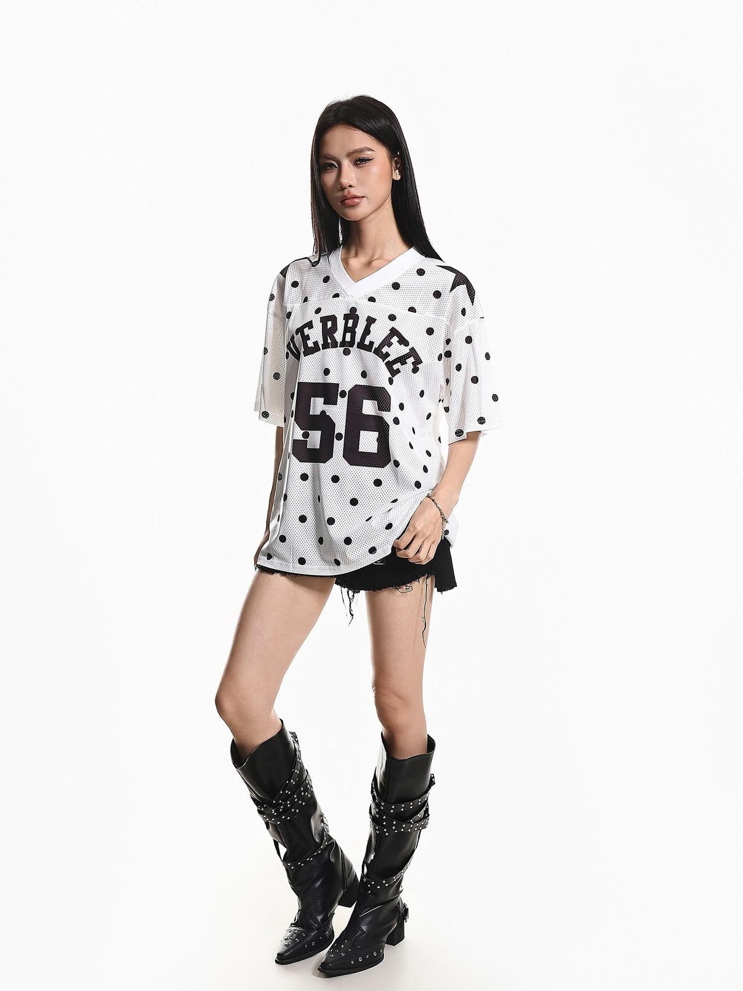 XPKAEAX Jersey Polka Dot Mesh V-neck Printed Loose Women's Short Sleeve T-shirts