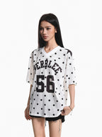 XPKAEAX Jersey Polka Dot Mesh V-neck Printed Loose Women's Short Sleeve T-shirts