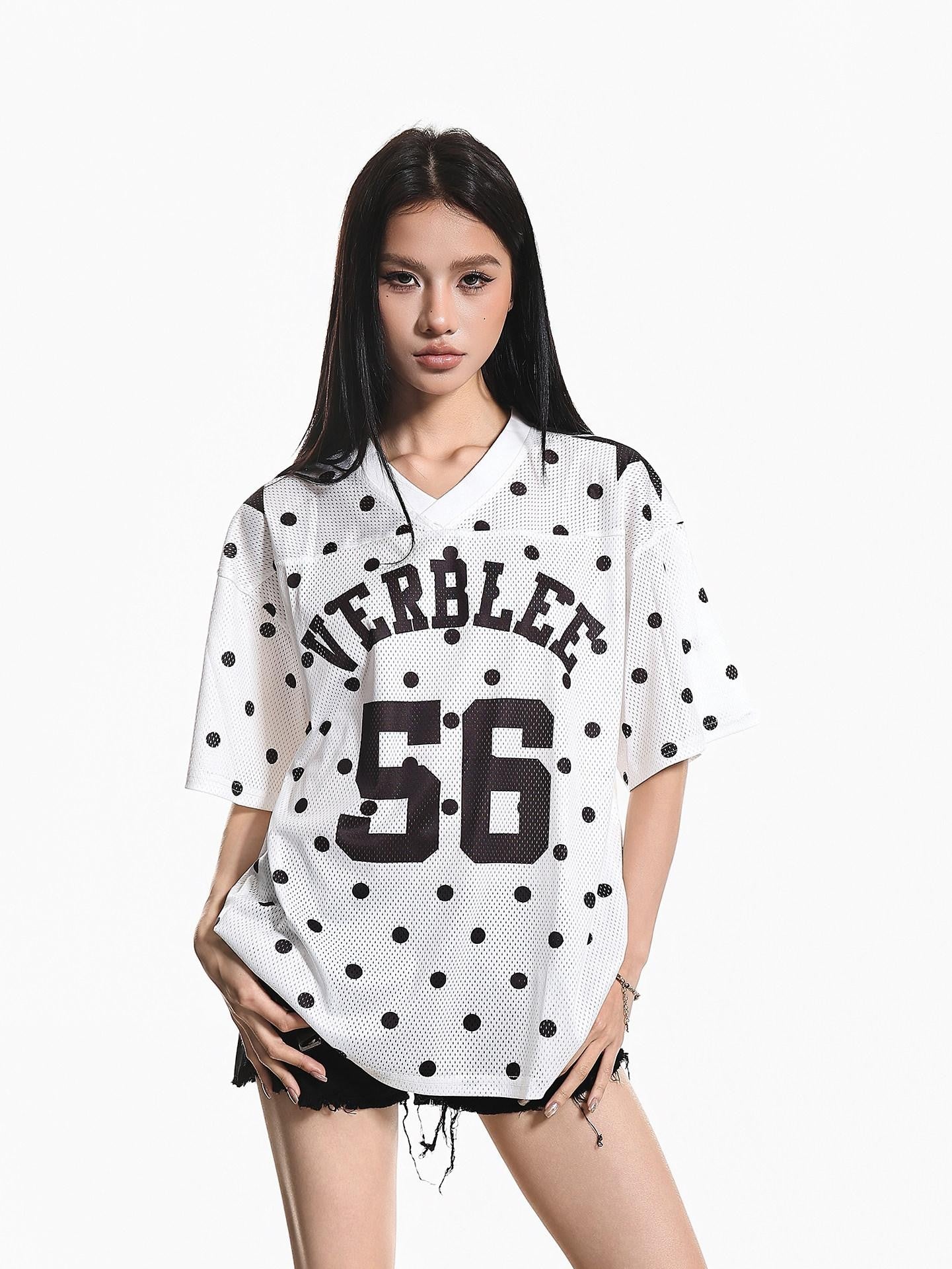 XPKAEAX Jersey Polka Dot Mesh V-neck Printed Loose Women's Short Sleeve T-shirts