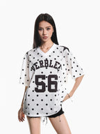 XPKAEAX Jersey Polka Dot Mesh V-neck Printed Loose Women's Short Sleeve T-shirts