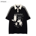 XPKAEAX Kitten Embroidered Side Stripe Stand Collar Women's Short Sleeve T-shirts 894036408582