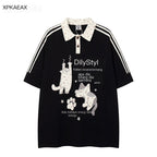 XPKAEAX Kitten Embroidered Side Stripe Stand Collar Women's Short Sleeve T-shirts 894036408582