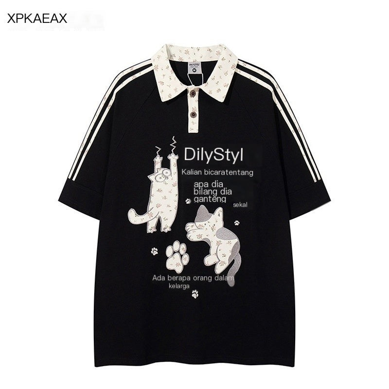 XPKAEAX Kitten Embroidered Side Stripe Stand Collar Women's Short Sleeve T-shirts 894036408582