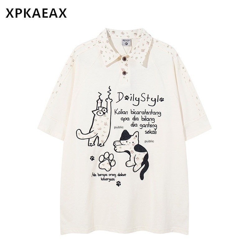 XPKAEAX Kitten Embroidered Side Stripe Stand Collar Women's Short Sleeve T-shirts 894036408582