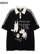 XPKAEAX Kitten Embroidered Side Stripe Stand Collar Women's Short Sleeve T-shirts