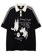 XPKAEAX Kitten Embroidered Side Stripe Stand Collar Women's Short Sleeve T-shirts