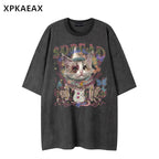 XPKAEAX Kitten Print Drop Shoulder Round Neck Women's Breathable Short Sleeve T-shirts 891546599525