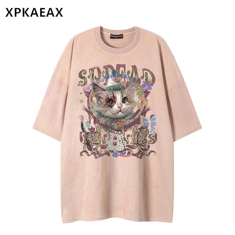 XPKAEAX Kitten Print Drop Shoulder Round Neck Women's Breathable Short Sleeve T-shirts 891546599525