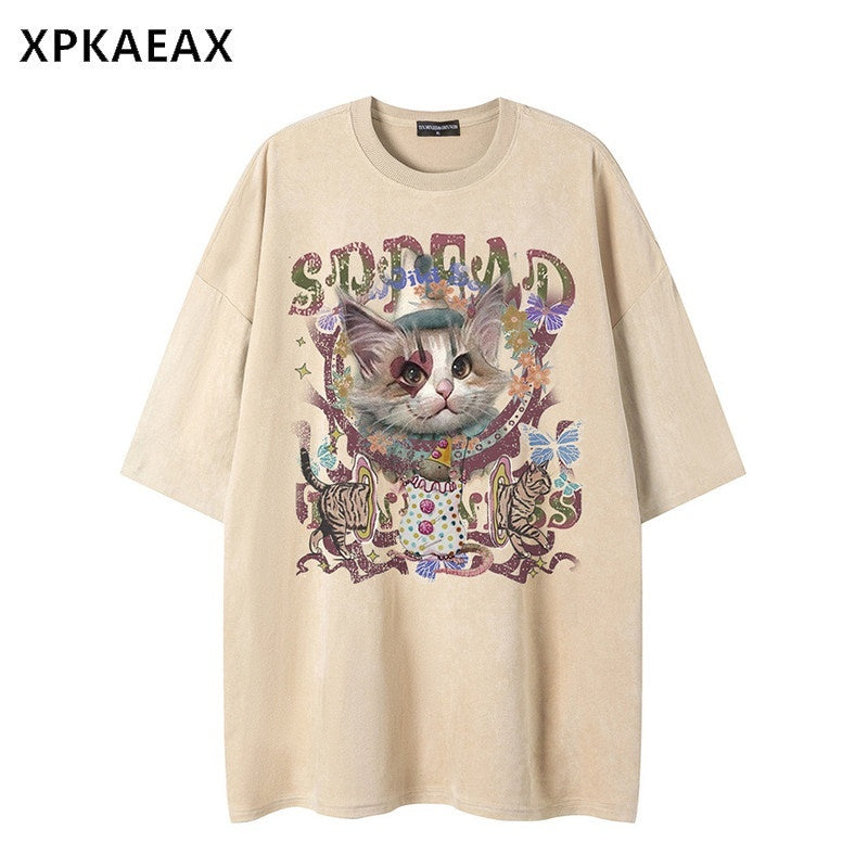 XPKAEAX Kitten Print Drop Shoulder Round Neck Women's Breathable Short Sleeve T-shirts 891546599525