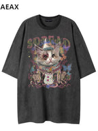 XPKAEAX Kitten Print Drop Shoulder Round Neck Women's Breathable Short Sleeve T-shirts