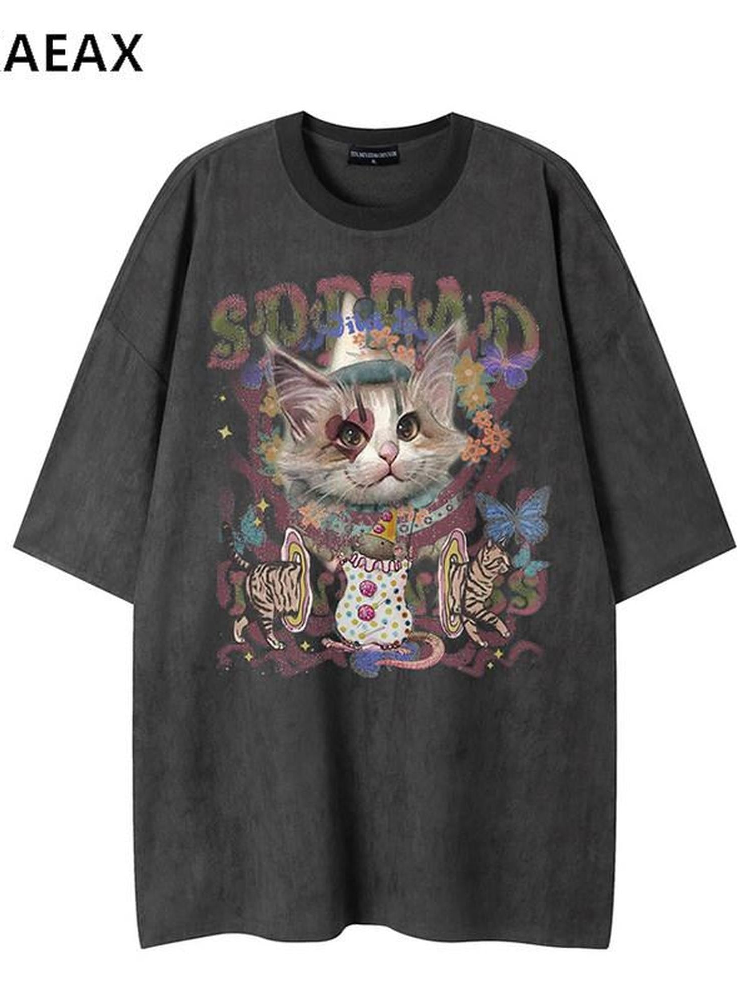 XPKAEAX Kitten Print Drop Shoulder Round Neck Women's Breathable Short Sleeve T-shirts