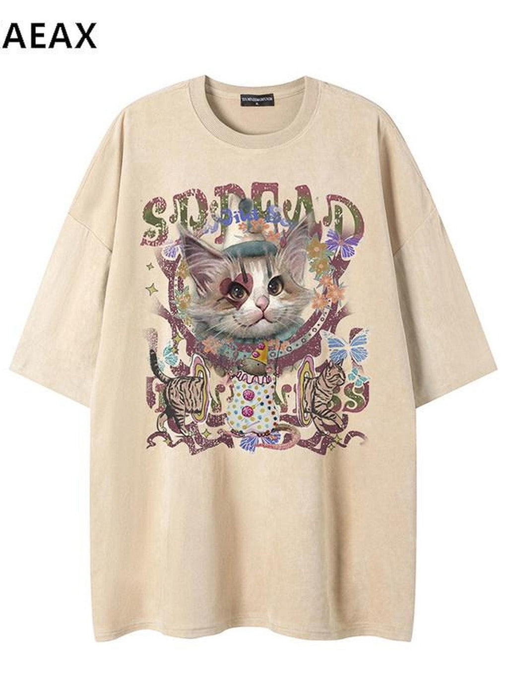 XPKAEAX Kitten Print Drop Shoulder Round Neck Women's Breathable Short Sleeve T-shirts