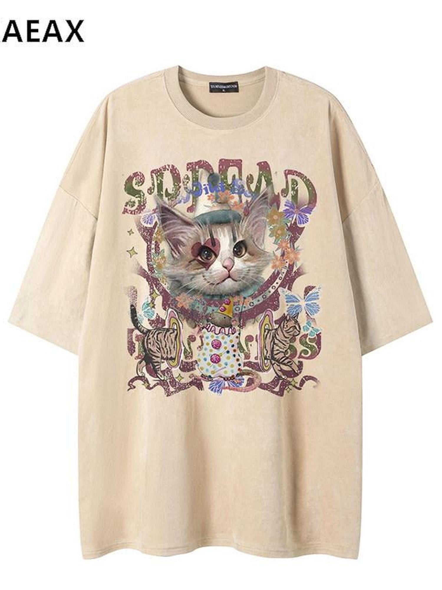 XPKAEAX Kitten Print Drop Shoulder Round Neck Women's Breathable Short Sleeve T-shirts