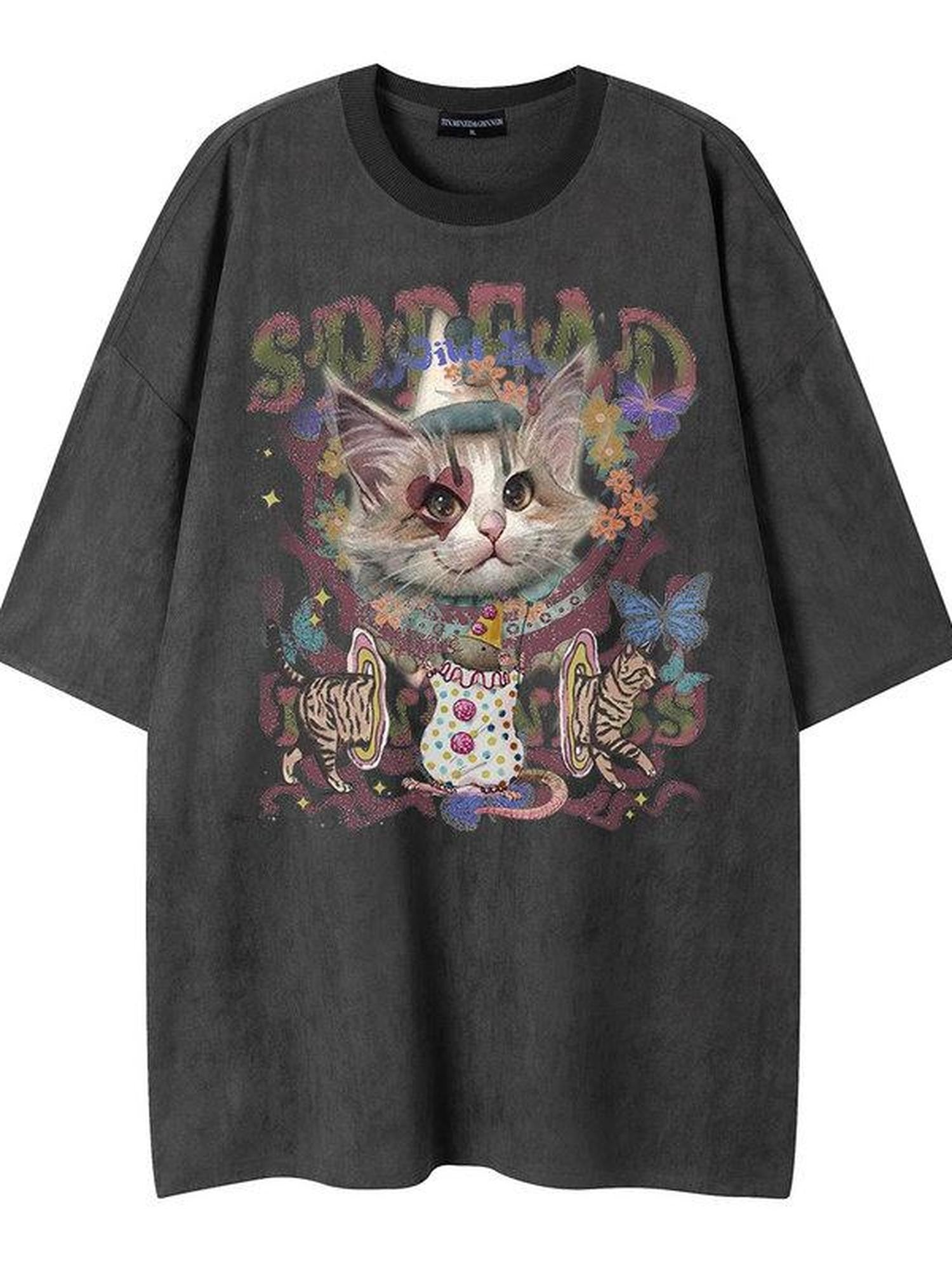 XPKAEAX Kitten Print Drop Shoulder Round Neck Women's Breathable Short Sleeve T-shirts
