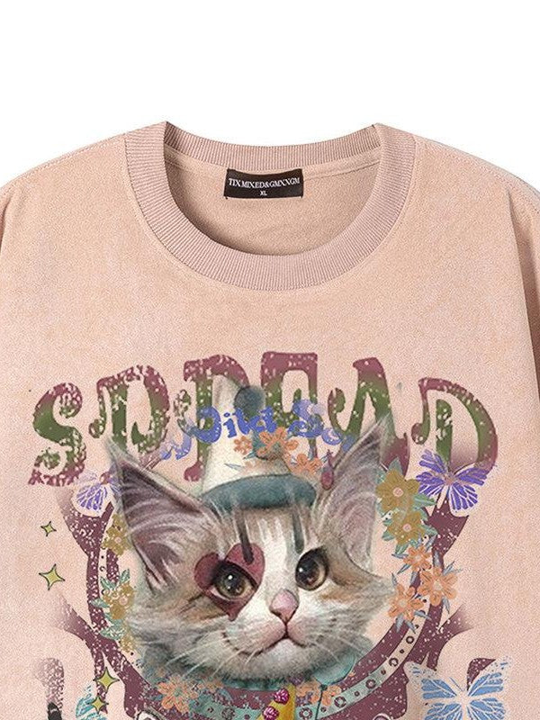 XPKAEAX Kitten Print Drop Shoulder Round Neck Women's Breathable Short Sleeve T-shirts