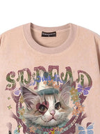 XPKAEAX Kitten Print Drop Shoulder Round Neck Women's Breathable Short Sleeve T-shirts