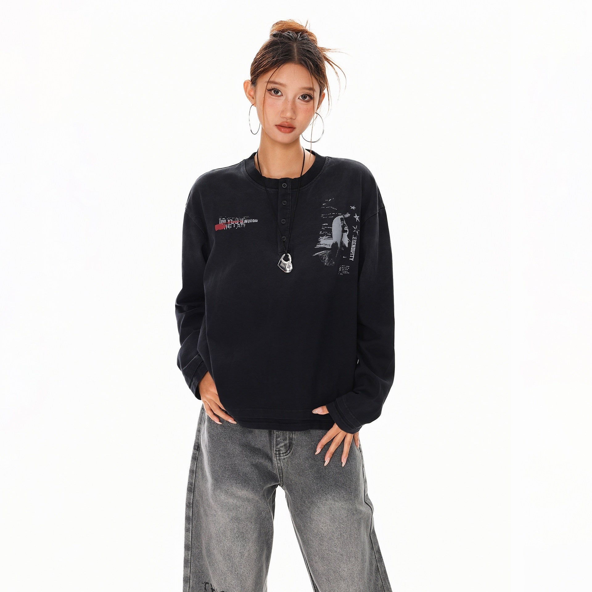 XPKAEAX Letter Print Washed Distressed Relaxed Crew Neck Women's Long Sleeve T-shirts 983425784735