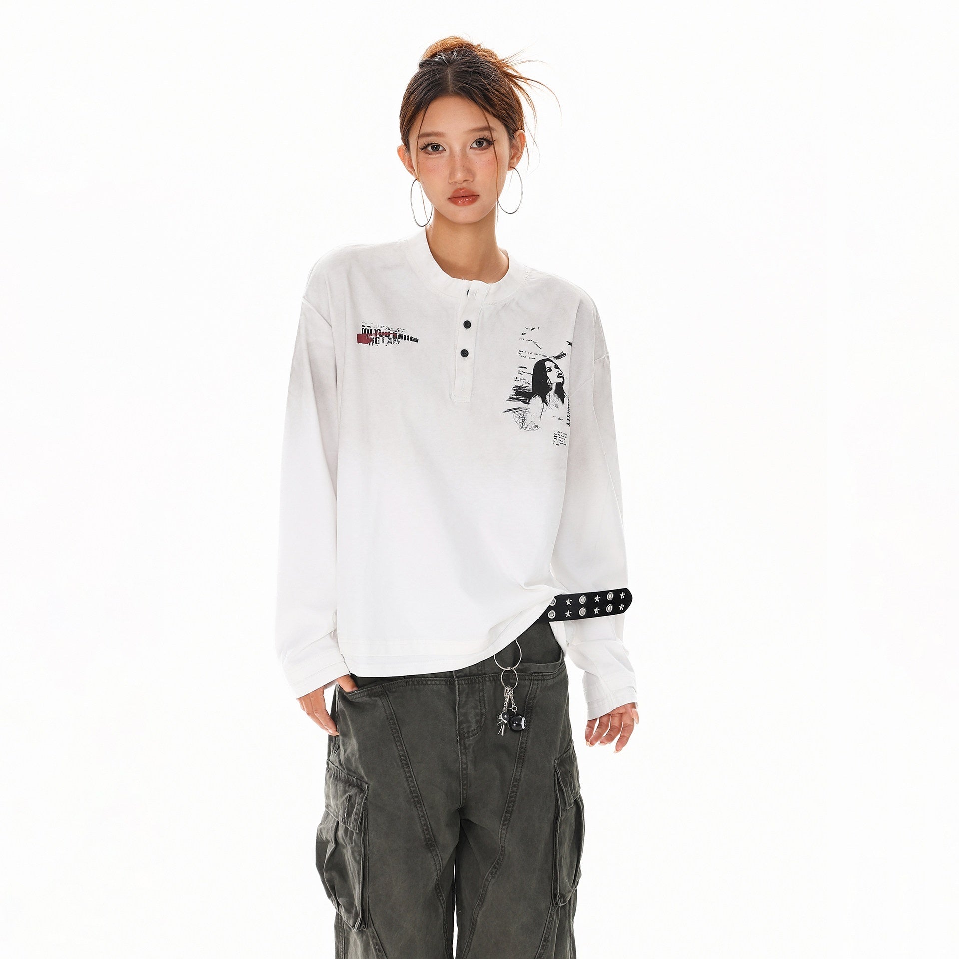 XPKAEAX Letter Print Washed Distressed Relaxed Crew Neck Women's Long Sleeve T-shirts 983425784735