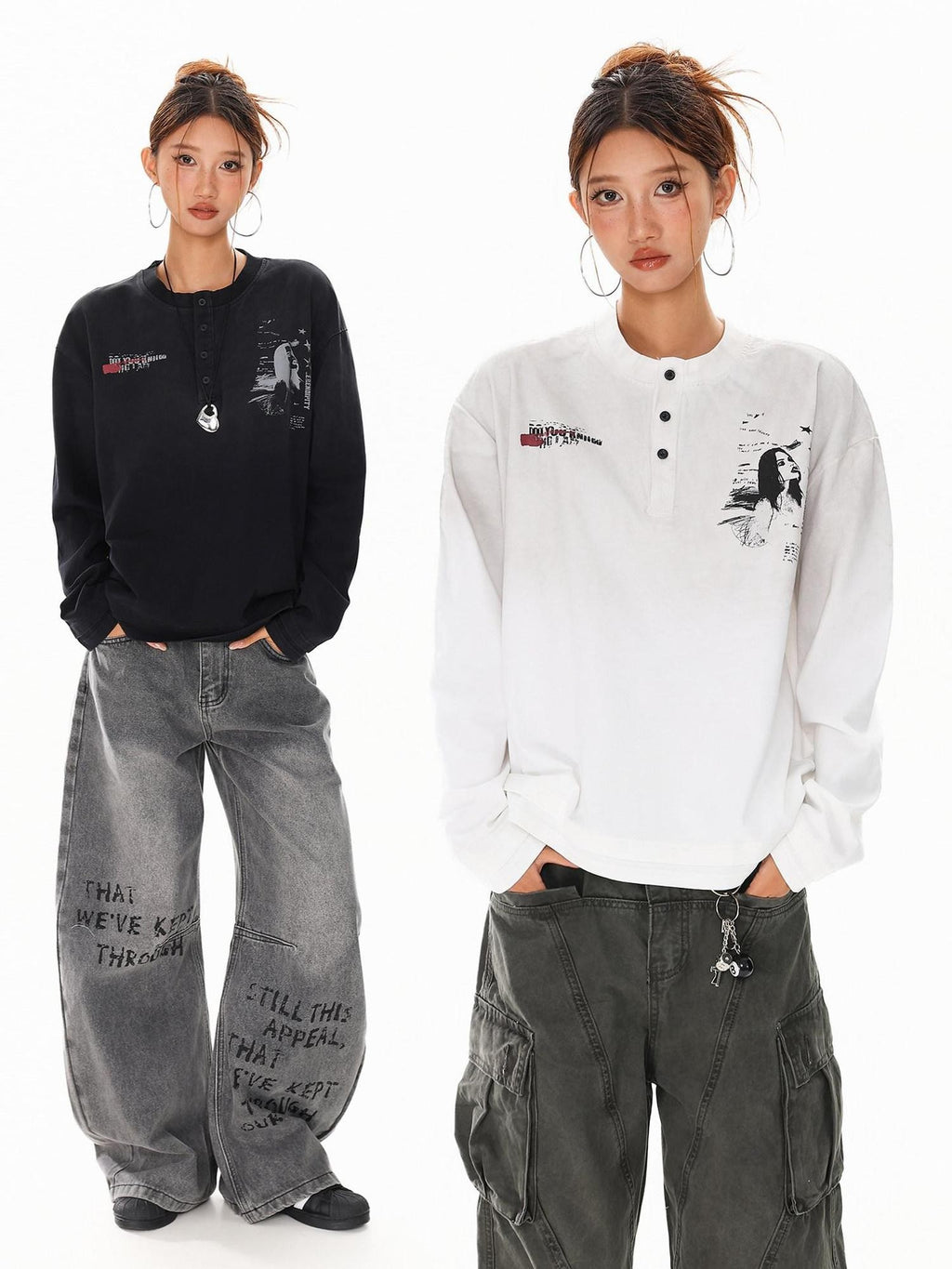 XPKAEAX Letter Print Washed Distressed Relaxed Crew Neck Women's Long Sleeve T-shirts