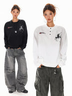 XPKAEAX Letter Print Washed Distressed Relaxed Crew Neck Women's Long Sleeve T-shirts