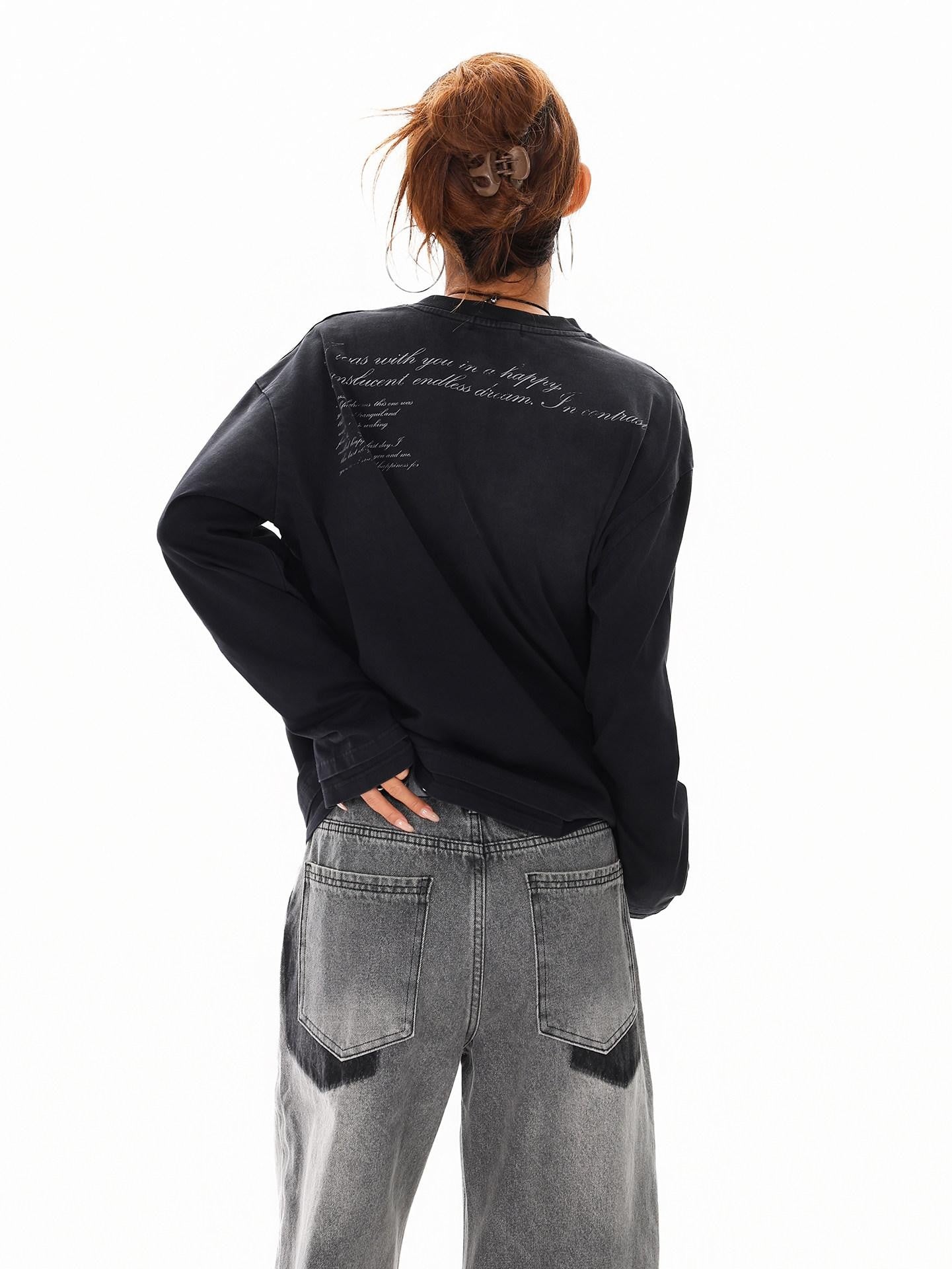 XPKAEAX Letter Print Washed Distressed Relaxed Crew Neck Women's Long Sleeve T-shirts